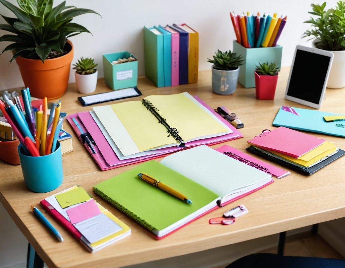 An inviting workspace featuring a beautifully organized desk with creative binders in vibrant colors, some open with artistic tabs and notes visible. Include quirky stationery items like colorful pens and sticky notes, alongside a digital tablet showcasing a productivity app. The background should reflect a sunny atmosphere with plants for added warmth and productivity. super-realistic. vibrant colors. 3D.