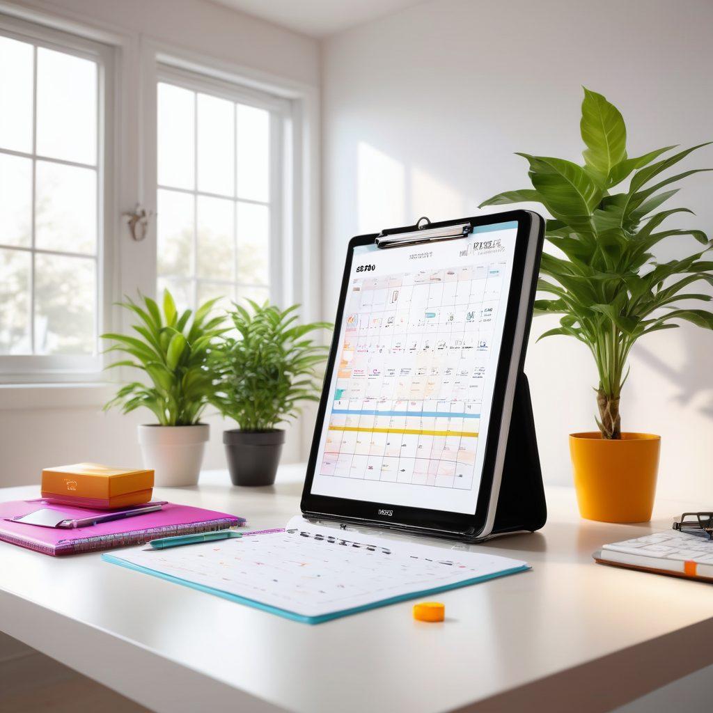 A vibrant workspace featuring a sophisticated and colorful intelligent binder, open to reveal neatly organized schedules and inspirational quotes. Incorporate elements like a glowing digital calendar and a cheerful plant, with sunlight streaming through a window to suggest productivity and joy. The overall atmosphere should evoke a sense of efficient planning and positivity. super-realistic. vibrant colors. white background.