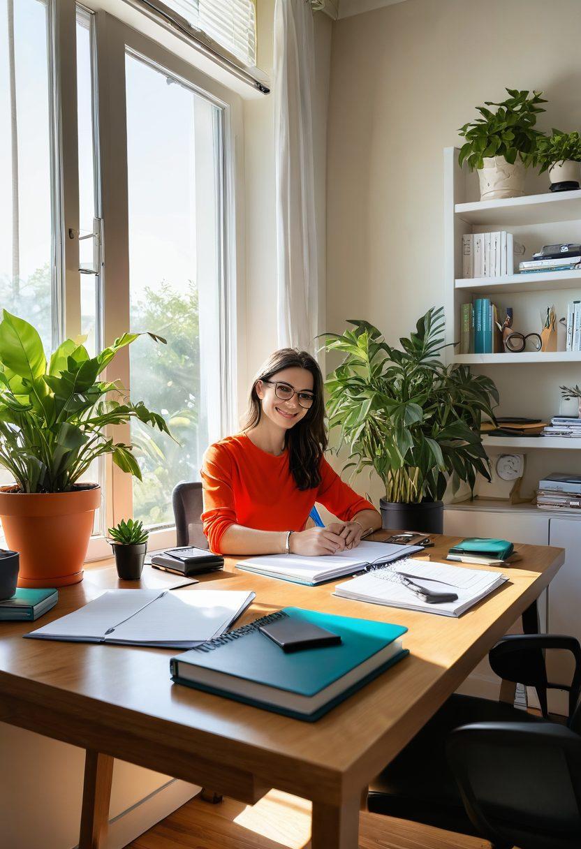 A serene workspace featuring a beautifully organized desk with advanced binders in vibrant colors, surrounded by a plant and a morning sunlight streaming through the window, symbolizing clarity and productivity. In the background, a person is happily working, embodying focus and joy. The atmosphere is calm and inspiring. super-realistic. vibrant colors. natural light.
